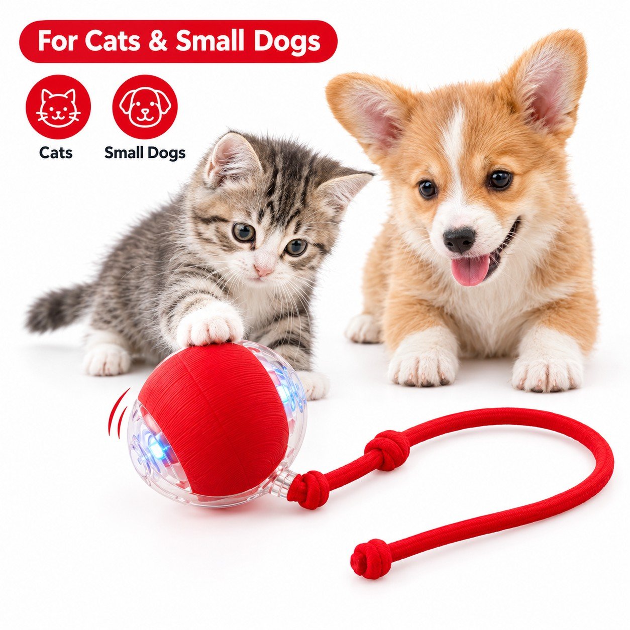 Red Interactive Pet Toy with Playful Pets Interactive Pet Ball Toy for Cats & Small Dogs – Smart Self-Rolling Electric Ball with Adjustable Speed, Obstacle Avoidance & Elastic Rope - Image 1